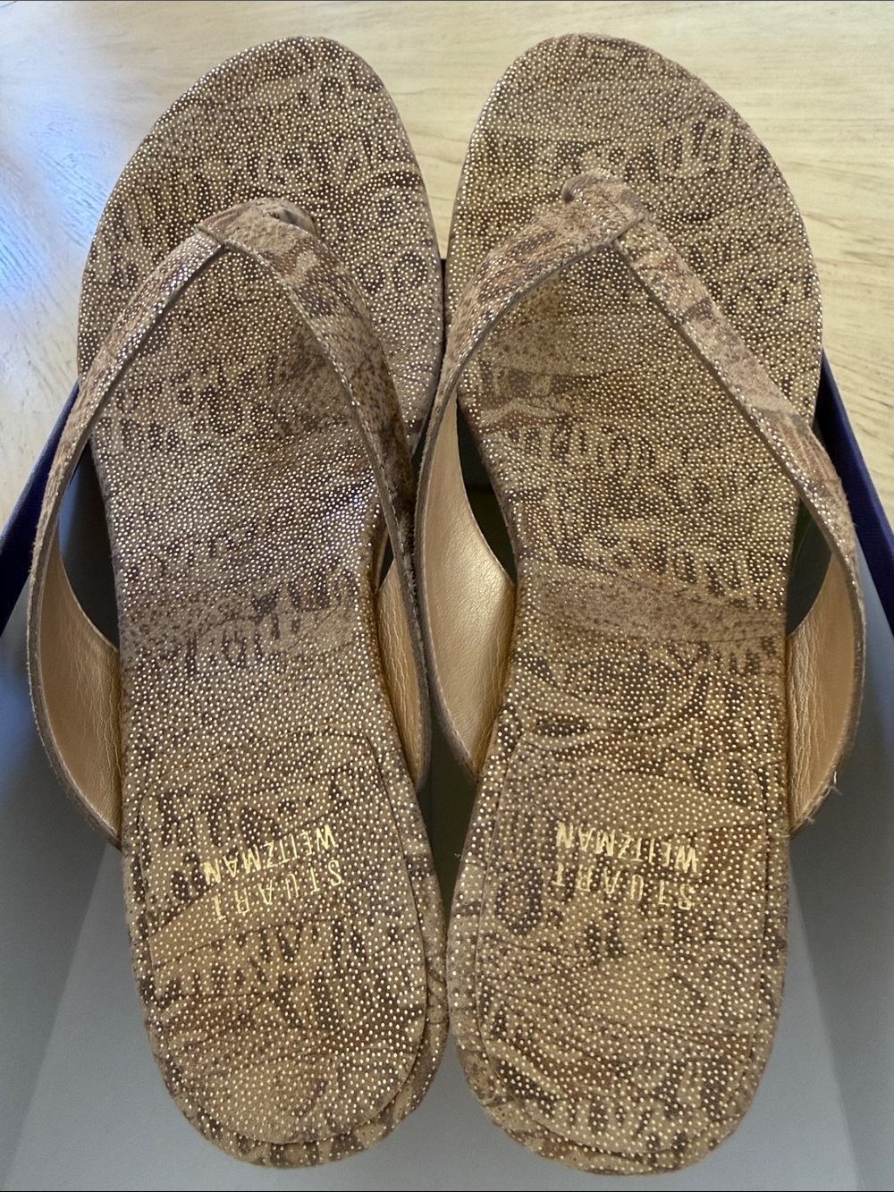 Stuart Weitzman Metallic Brown Patterned Flip Flop Sandals